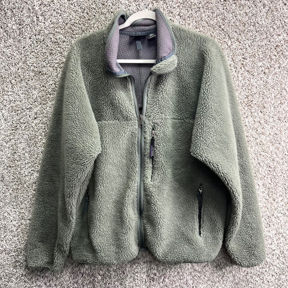 Patagonia Jacket Men's L Green Retro Cardigan Deep Pile Fleece Zip Up Vintage
